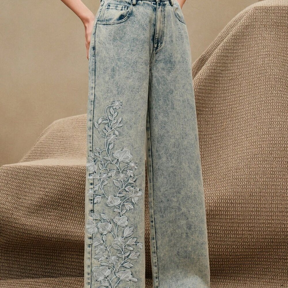 Teal Blue Elegant Women's Floral Trousers - Picture 6 of 6